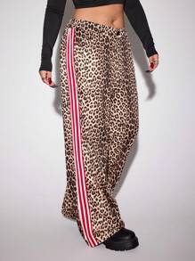SHEIN ICON 大码女式修身豹纹拼色条纹直筒裤 - 棕色 - 查看 3