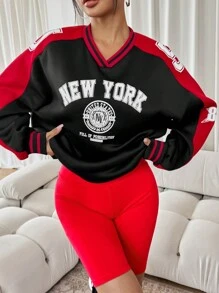 SHEIN SXY Casual Oversized Fleeced Pullover Hoodie With American Style Graphic Print, Warm For Autumn & Winter