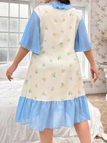 Camisón de talla grande con estampado floral y ribete con volantes - Azul - Ver 2