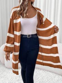 SHEIN LUNE 1 pieza Cárdigan largo beige cálido para mujer, otoño - Caqui - Ver 4
