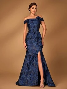 Serin Elegant Gorgeous Navy Blue One Shoulder Sleeve Luxurious Jacquard Satin Pleated 3D Floral Slit Mermaid For Wedding Party Vacation Formal Event Mother Of The Bride Evening Gown - Navy Blue - View 1
