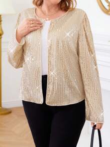 Plus Size Solid Color Sequin Patchwork Long Sleeve Jacket - Champagne - View 3