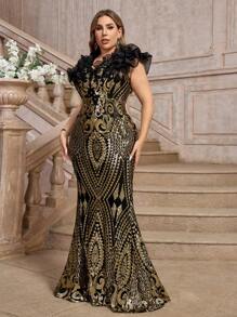 SHEIN Belle Vestido de noche elegante estilo cola de sirena con volantes y lentejuelas de champán de lujo de talla grande, vestido de graduación formal negro para invitada de boda, cena o fiesta - Negro - Ver 4