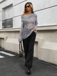 GENKIRA Áo len mohair dáng rộng, cổ bẻ, thiết kế lưới, thời trang và tinh tế, thích hợp cho mùa thu đông. - Xám - Xem 6