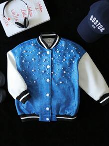 Young Girl Pearl Detail Color Block Striped Trim Drop-Shoulder Loose Fit 3D Denim Effect Jacket - Multicolor - View 2