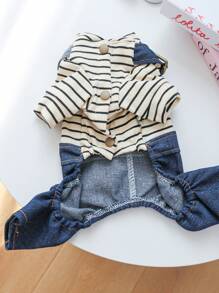 PETSIN 1 件装宠物条纹针织牛仔连体裤 2 合 1 狗四腿裤 - 藍色 - 查看 3