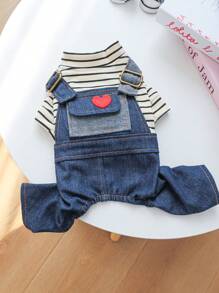 PETSIN 1 件装宠物条纹针织牛仔连体裤 2 合 1 狗四腿裤 - 藍色 - 查看 4