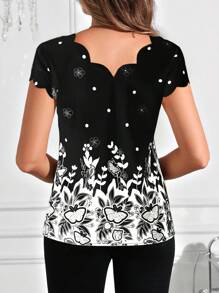 SHEIN Clasi Wave Collar Printed Women Short Sleeve Blouse,Sleeveless Tops - Black - View 2
