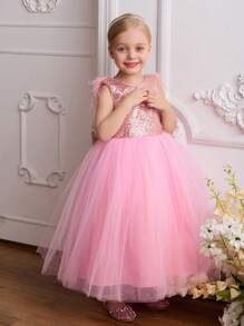 SHEIN Glamorique Kids Girls High-End Fashion Runway Dress, Pink Mesh Tulle Skirt, V-Back Feather Trim, Metallic Sequin Big Bow Princess Gown, 4-Season - Pink - View 3