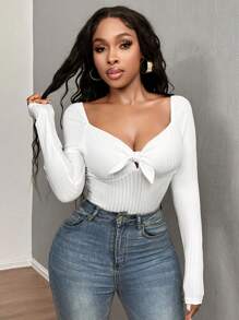 SHEIN SXY 红色罗纹针织上衣，方形领口和系带腰部，长袖 T 恤基本款 T 恤 - 紅色 - 查看 2