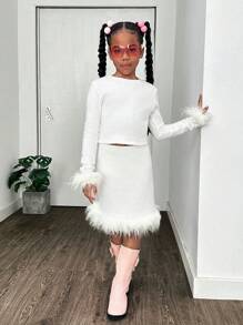 Tween Girl Casual Party Knit Warm Solid Fluffy Trim Crew Neck Long Sleeve Set