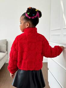 SHEIN 年輕女孩拉鍊式毛茸茸外套 - 紅色 - 查看 2