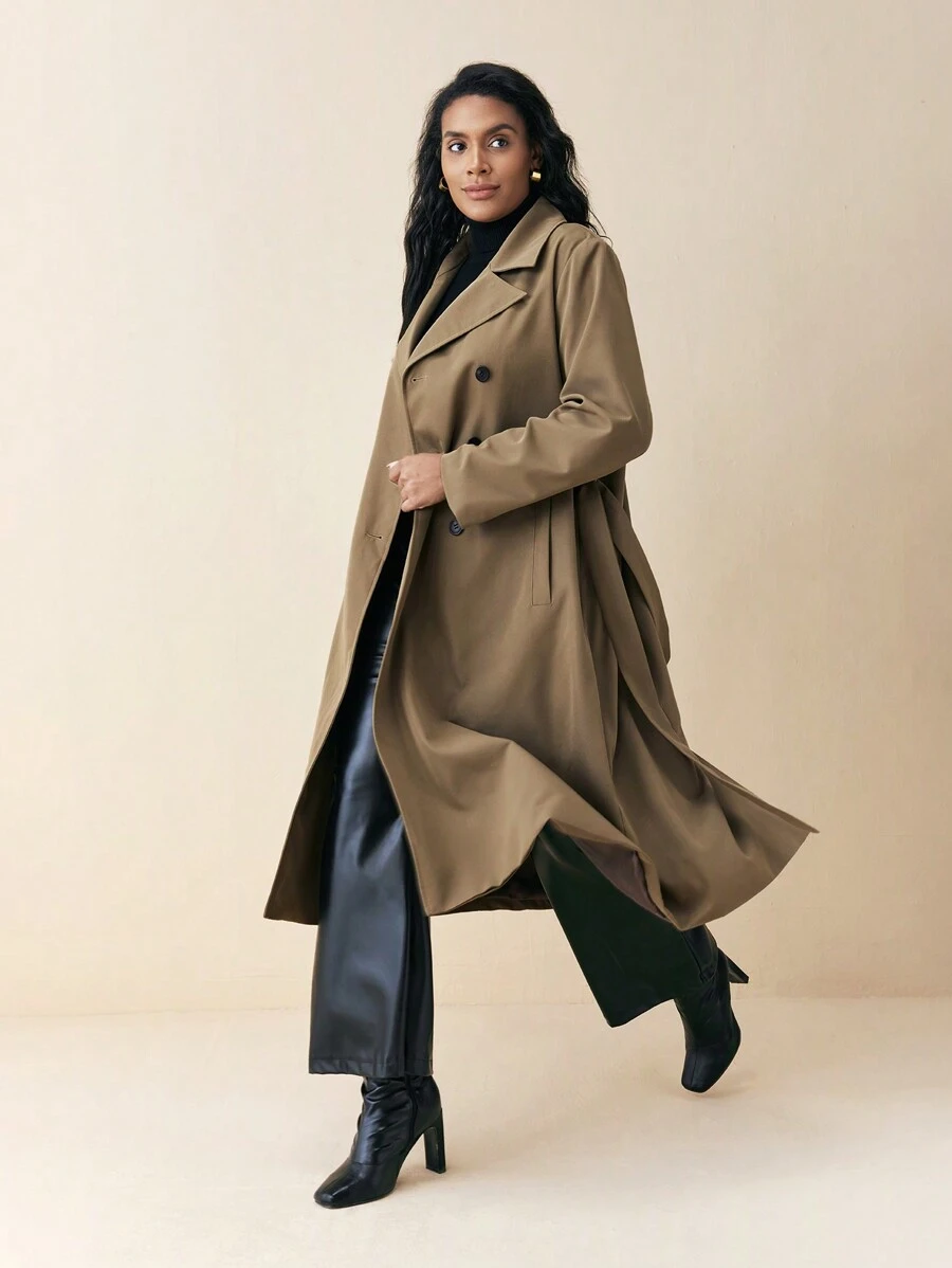 BizChic 大码女式春秋尖领双排扣长袖纯色休闲风衣