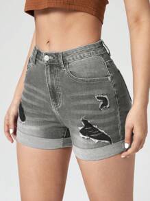 SHEIN Essnce Quần short denim rách thiết kế túi thời trang hợp thời trang cho nữ có nút thắt lưng - Màu Xám nhạt - Xem 1