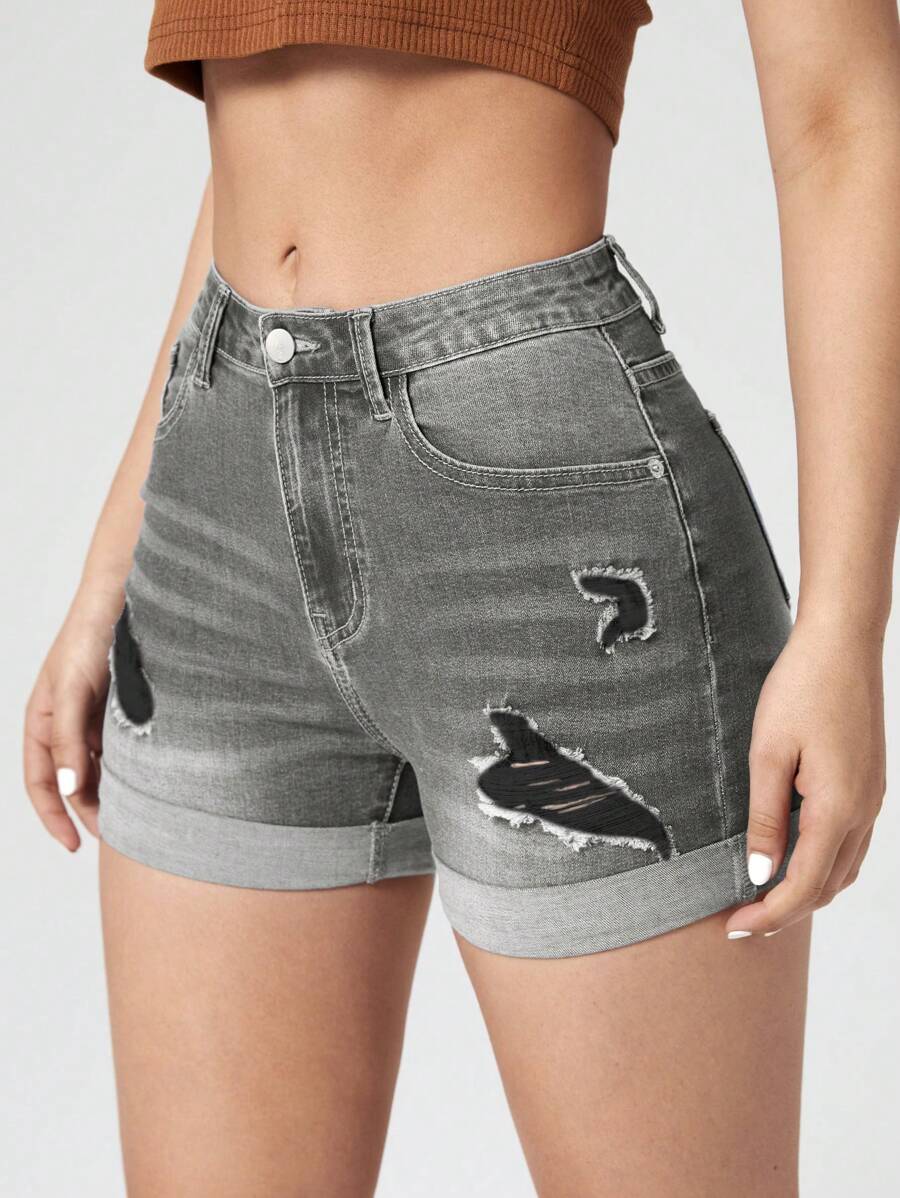 SHEIN Essnce Quần short denim rách thiết kế túi thời trang hợp thời trang cho nữ có nút thắt lưng - Màu Xám nhạt - Xem 1
