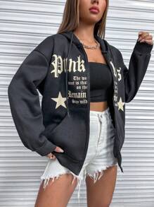 StreetHx Star & Slogan Graphic Drop Shoulder Drawstring Zipper Hoodie,Long Sleeve Tops Graduation,Back To School Outfits,Graduation,Teacher Outfits For Women,Back To School Pullover Fall Outfit - Grey - View 5