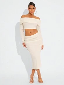 SHEIN SXY Sexy Casual Apricot Comfort Plush Knitted Ribbed Shoulder Long Sleeve Cut Top And Low Waist Pleated Long Skirt Two-Piece Set