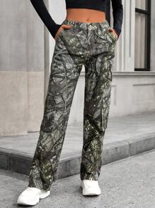 SHEIN EZwear 全印花休闲直筒牛仔裤，带口袋 - 彩色 - 查看 3