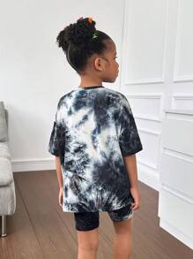 SHEIN 女小童紮染落肩T恤&騎行褲 - 黑色 - 查看 2