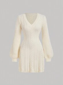 SHEIN MOD 女士杏色扭纹毛衣裙、女士冬装、女士连衣裙、返校节连衣裙、女士早午餐连衣裙、女士优雅连衣裙、连衣裙、派对女士连衣裙 - 白色 - 查看 1