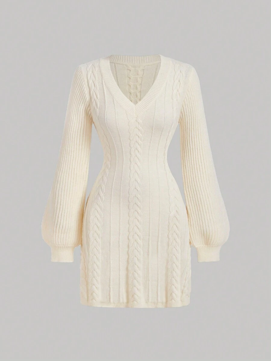 SHEIN MOD 女士杏色扭纹毛衣裙、女士冬装、女士连衣裙、返校节连衣裙、女士早午餐连衣裙、女士优雅连衣裙、连衣裙、派对女士连衣裙 - 白色 - 查看 1