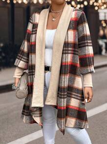 SHEIN Unity 大码格子印花休闲长袖夹克 - 卡其色 - 查看 1