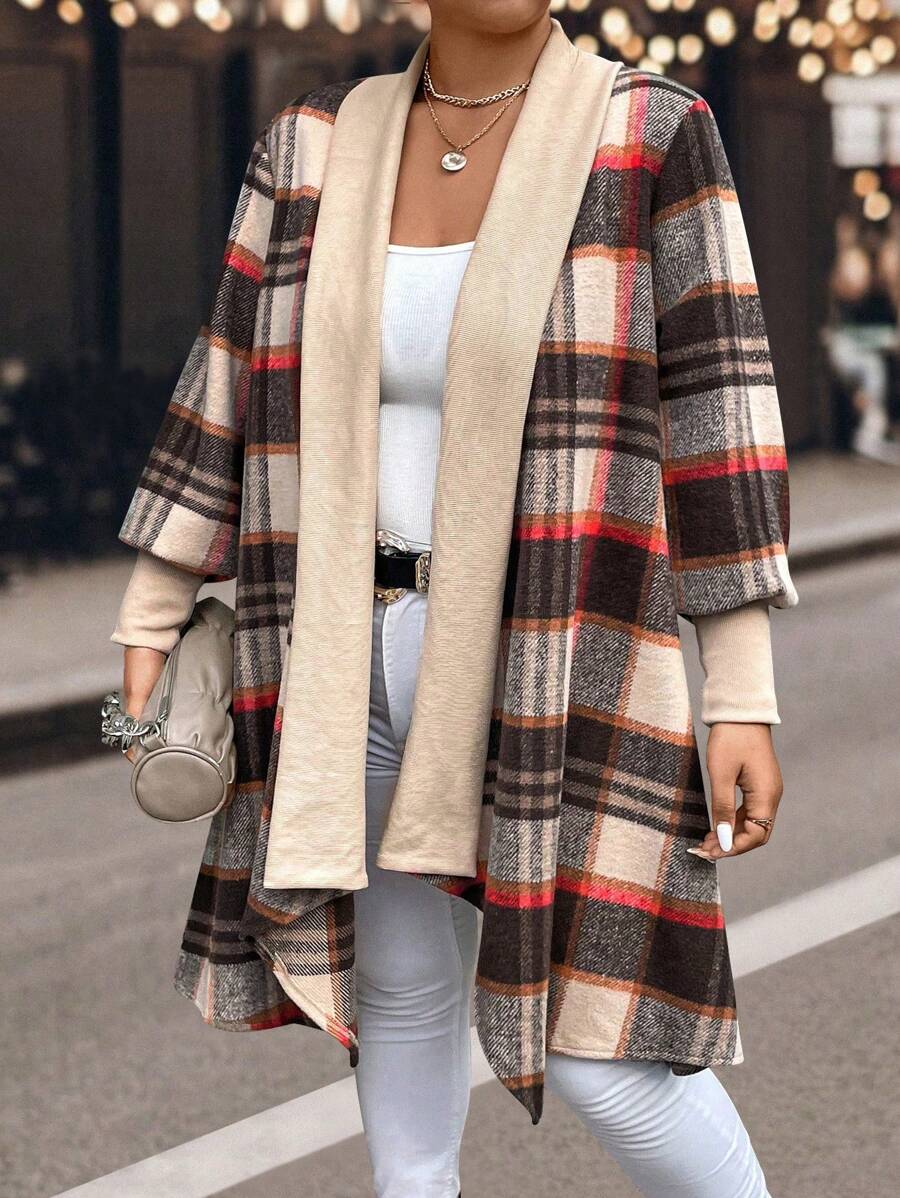 SHEIN Unity 大码格子印花休闲长袖夹克 - 卡其色 - 查看 1