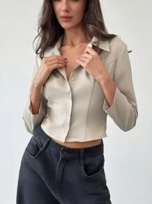 Aloruh Áo sơ mi nữ dáng ngắn màu kaki, tay lửng, phong cách tối giản, cổ điển, ôm sát. - Lạc đà - Xem 1