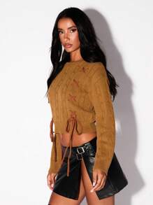 Glamine Women's Casual Criss-Cross Tied Cropped Sweater, Spring Autumn Knit Pullover Fall Winter Outfit - Camel - View 6