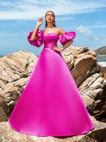 Faeriesty 纯色泡泡袖缎面正式舞会抹胸礼服、晚礼服，适合婚礼嘉宾、毕业典礼、晚宴 - 玫紅色 - 查看 2