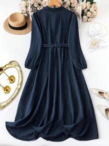 SHEIN LUNE Đầm Maxi Dài Tay Cài Nút Thường Ngày Mùa Xuân & Hè Màu Trơn Cho Nữ Size Lớn - Màu xanh hải quân - Xem 2