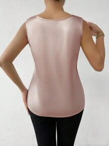 EMERY ROSE 女士府绸拼布蕾丝无袖衬衫、无袖上衣 - 藕粉色 - 查看 2