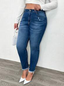 EURMUSE Plus Size Mulheres Bolsos Bainha Desfiada Skinny Casual Jeans - Lavagem escura - Ver 1