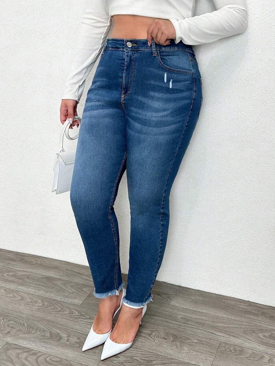 EURMUSE Plus Size Mulheres Bolsos Bainha Desfiada Skinny Casual Jeans - Lavagem escura - Ver 1