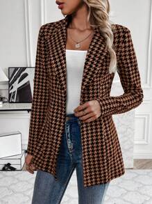 SHEIN Clasi 女款千鸟格印花修身西装外套（秋冬款） - 棕色 - 查看 6