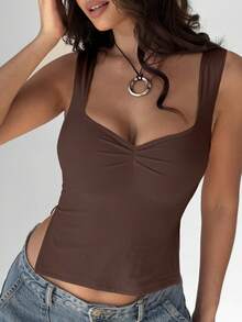 Women's Casual Solid Color Pleated Side Slit Sweetheart Neck Camisole, Summer - Khaki - View 5
