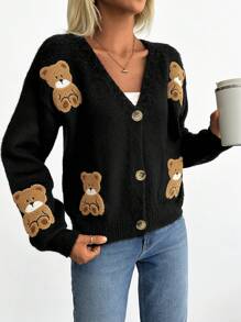 EURMUSE BEAR EMBRODERY DETAIL CARDIGAN - Black - View 5