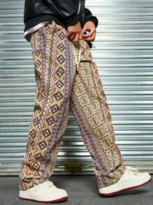 Manfinity RSRT Men's Fashionable Casual Geometric Pattern Textured Jacquard Long Baggy Pants, Going Out Long Straight Leg Slacks Pants, For Husband, Boyfriend Gifts, Fall