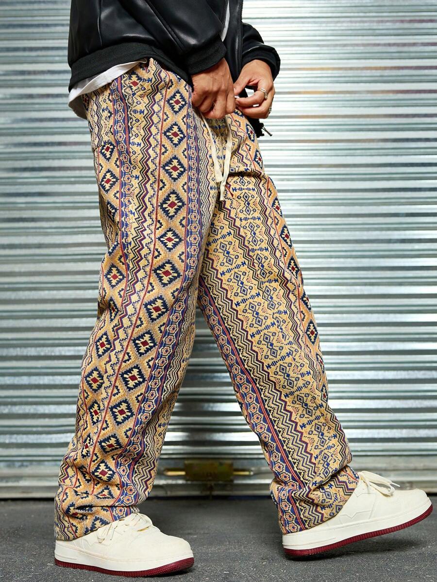 Manfinity RSRT Men's Fashionable Casual Geometric Pattern Textured Jacquard Long Baggy Pants, Going Out Long Straight Leg Slacks Pants, For Husband, Boyfriend Gifts, Fall