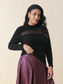 BizChic Plus Size Sheer Panel Front Long Sleeve Pullover Sweater - Black - View 5