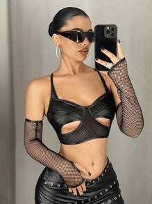 SHEIN ICON Y2k Rave Festival tenues haut pour femme avec grille ajourée asymétrique patchwork manches 2 en 1 - Noir - Voir 1
