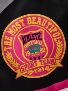 SHEIN ICON Chaqueta de béisbol casual con hombros caídos y estampado de letras, recortada, para mujer, para primavera y otoño - Negro - Ver 4