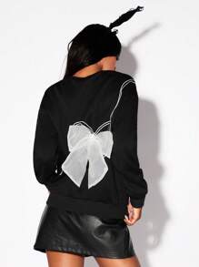 Zolique 蝴蝶装饰保暖内衬圆领印花休闲女式运动衫 - 黑色 - 查看 7