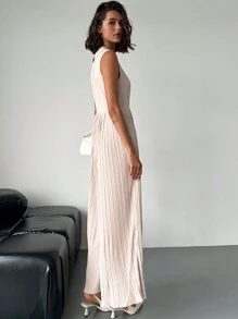 SHEIN Privé Women Elegant Vacation Office Casual Fashion Squareneck Pleated Waist Wide Leg Jumpsuit Without Belt Work Women - Apricot - View 2