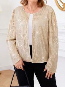 Plus Size Solid Color Sequin Patchwork Long Sleeve Jacket - Champagne - View 1