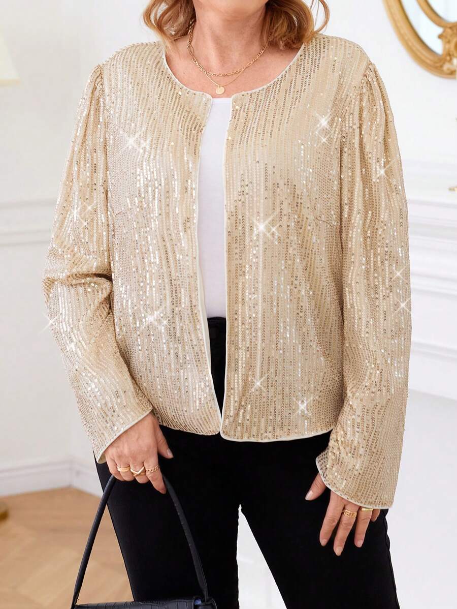 Plus Size Solid Color Sequin Patchwork Long Sleeve Jacket - Champagne - View 1