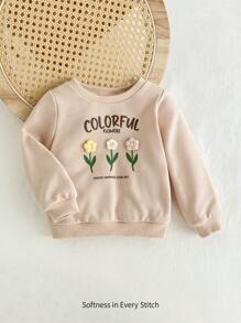 Cozy Pixies Áo nỉ dài tay cổ tròn in hoa cho bé gái - Màu be - Xem 1