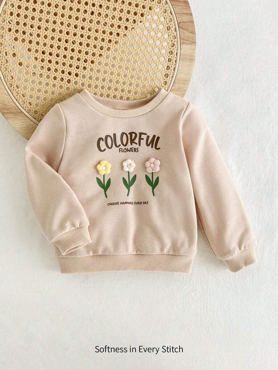 Cozy Pixies Áo nỉ dài tay cổ tròn in hoa cho bé gái - Màu be - Xem 1