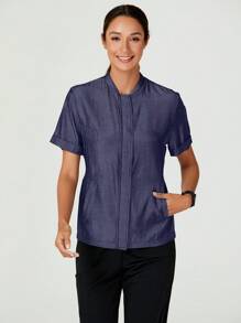 TaskEZ Bata de chef de manga corta con paneles laterales de malla técnica, 3 bolsillos, de estilo informal para el trabajo, para mujeres