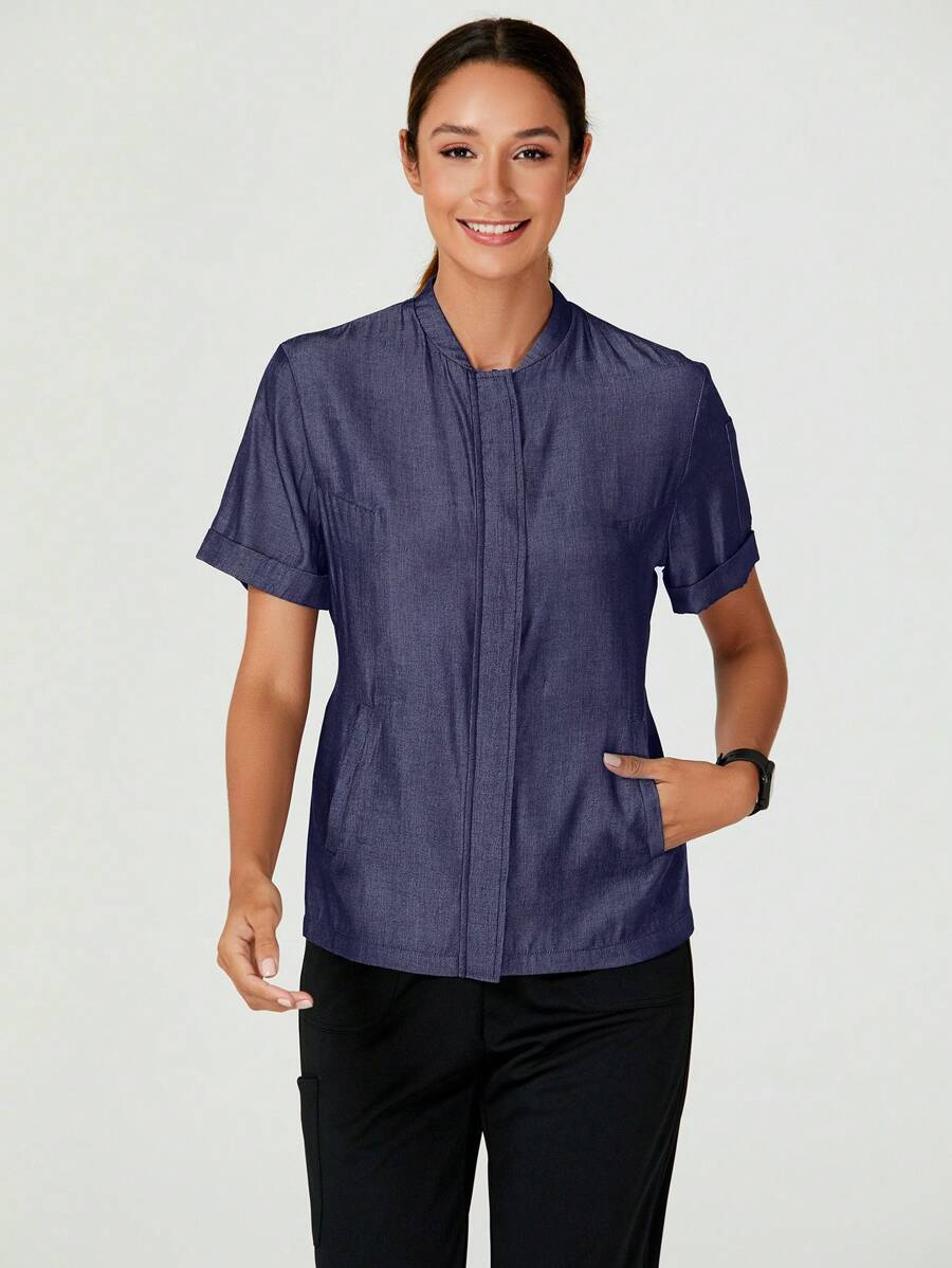 TaskEZ Bata de chef de manga corta con paneles laterales de malla técnica, 3 bolsillos, de estilo informal para el trabajo, para mujeres
